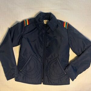 Vintage Navy Kids Puffer Ski Jacket with Rainbow Stripes